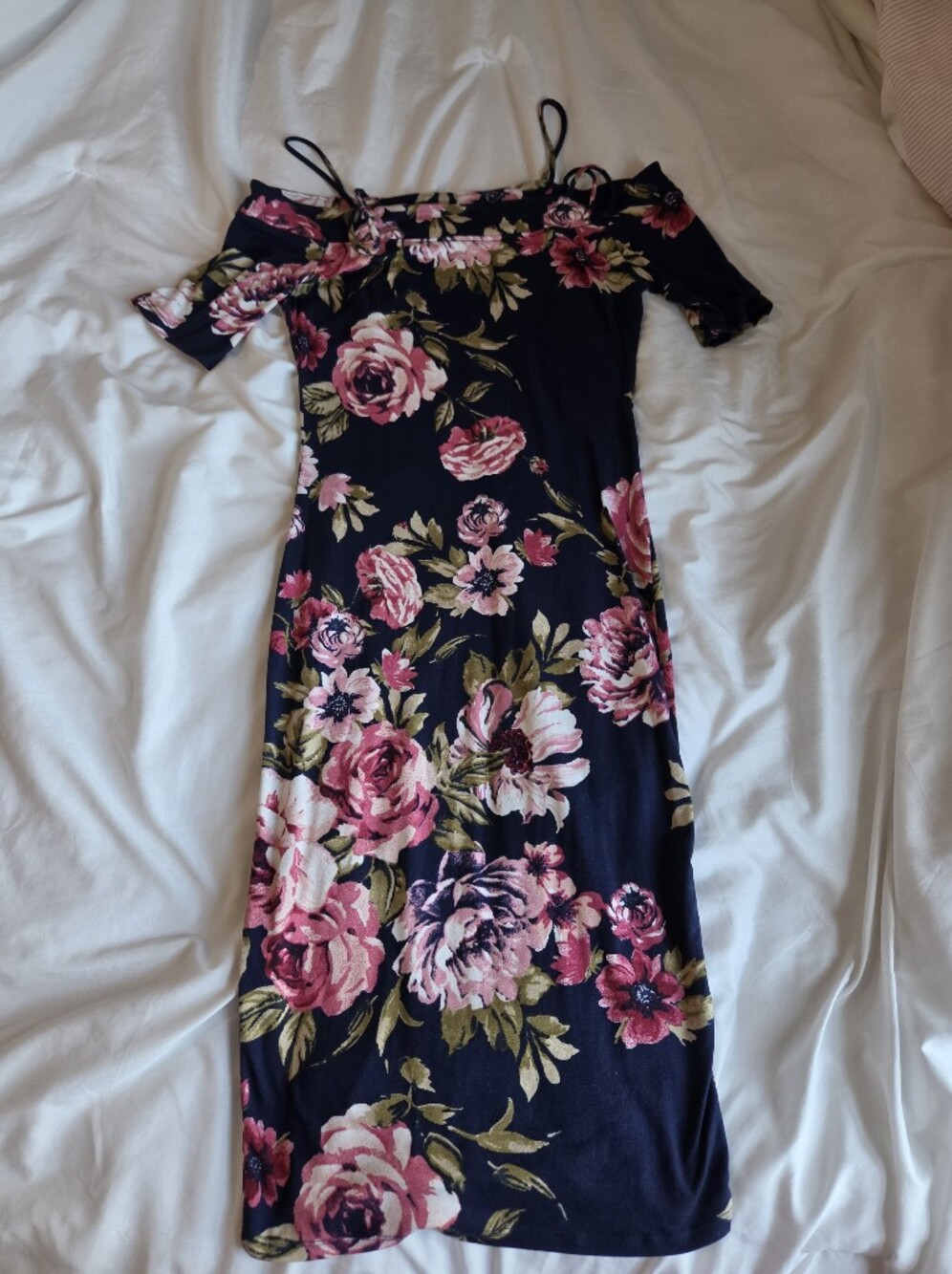 Haute Monde Navy Off-Shoulder Fitted Midi Dress with Pink Floral Print